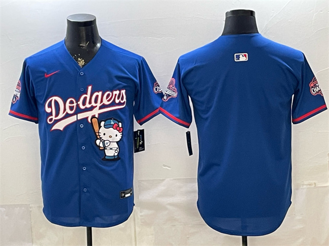 Men's Los Angeles Dodgers Blank Royal Hello Kitty Night 2025 World Series Champions Patch Stitched Baseball Jersey